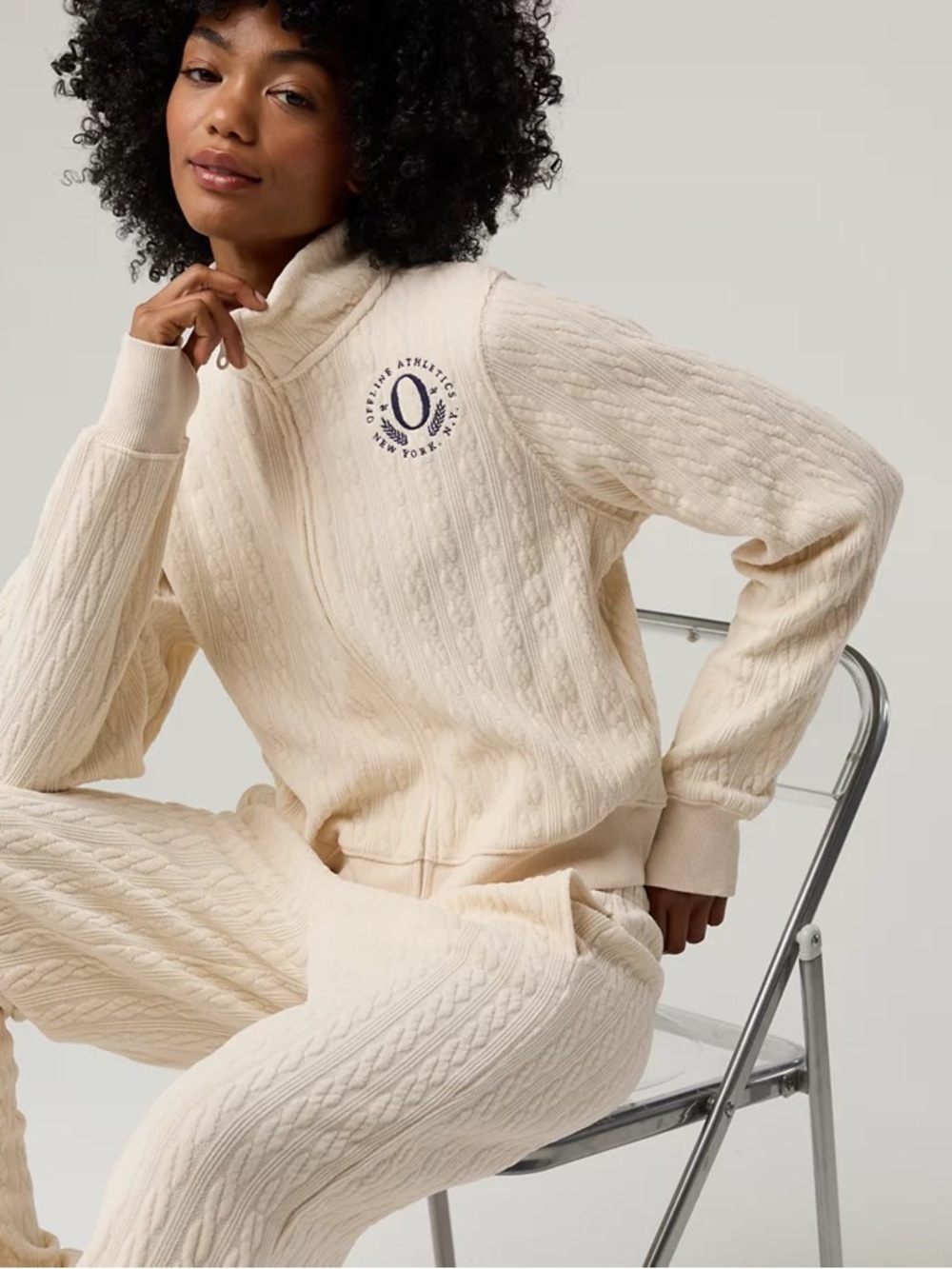 NWT OFFLINE by Aerie Cable Lounge Full Zip Jacket Cream Knit O Logo Womens XS